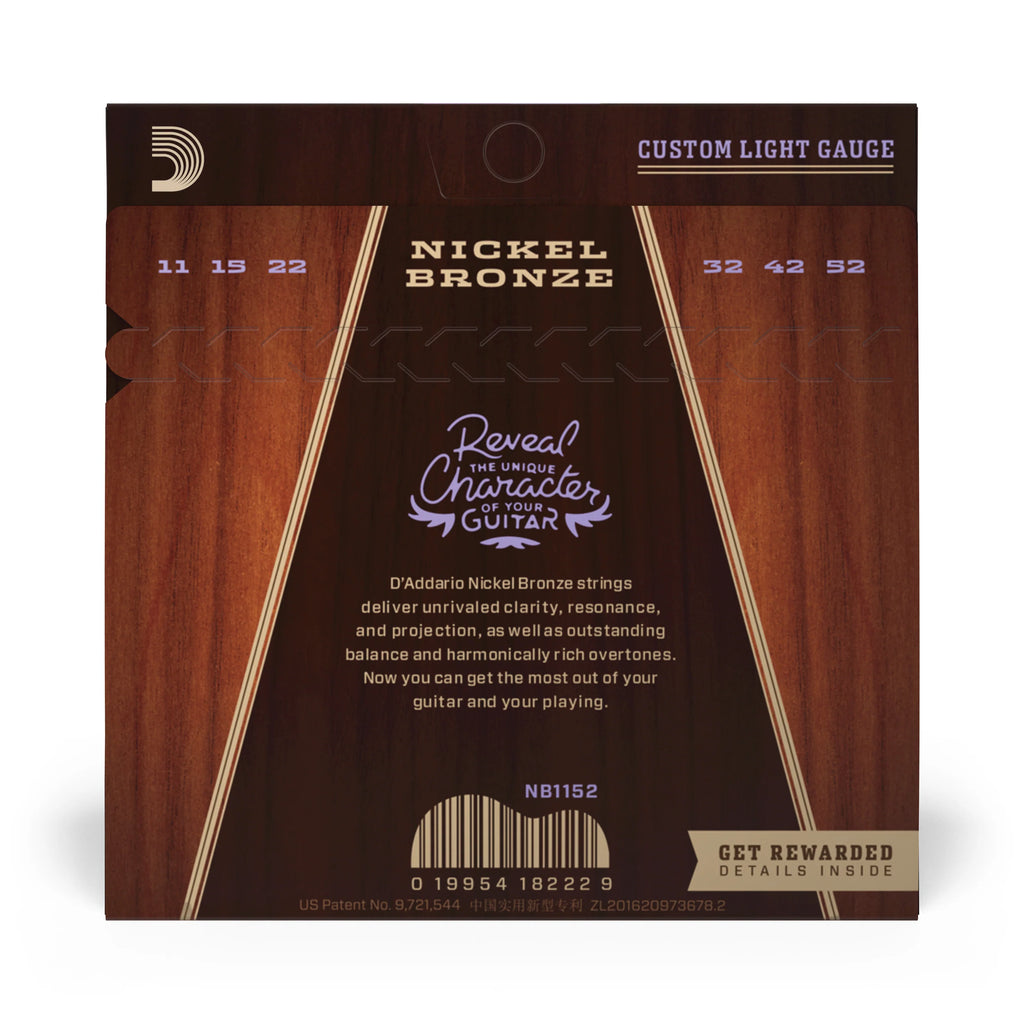 D'Addario Nickel Bronze Custom Light Acoustic Guitar Strings 11-52