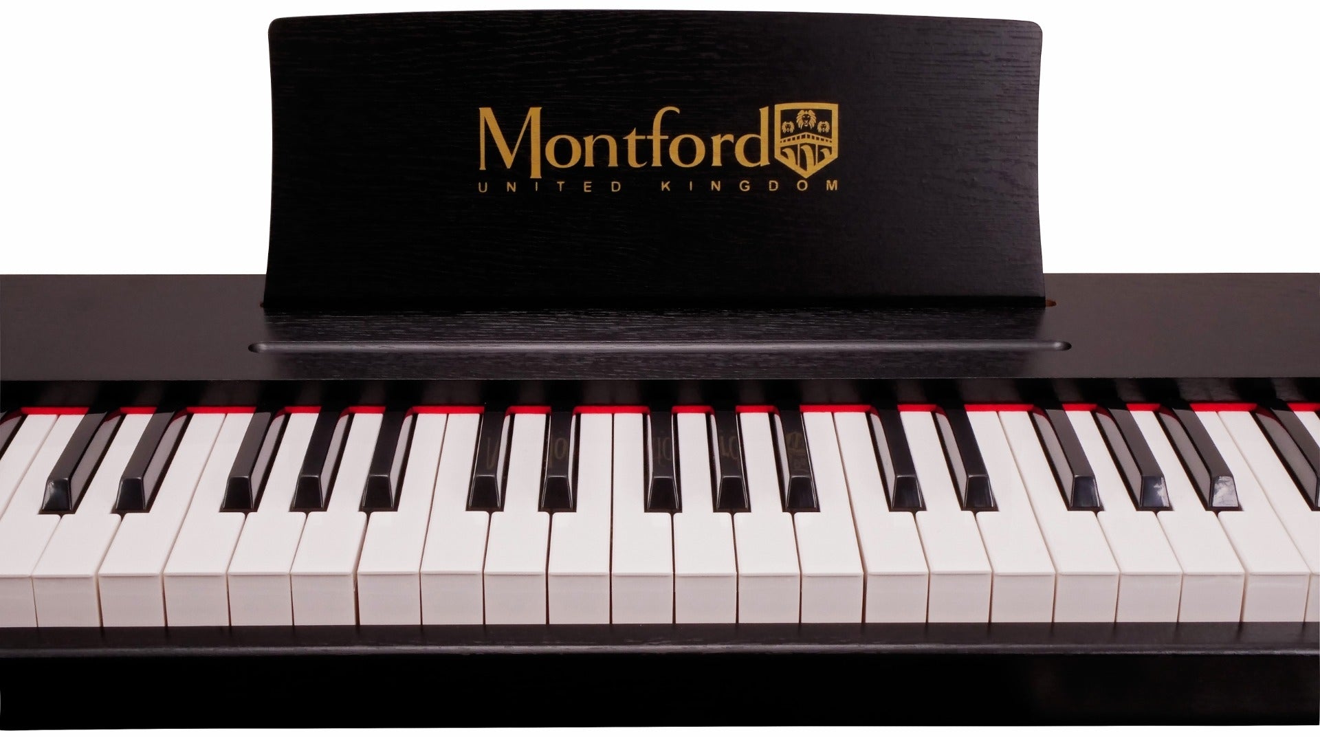 Montford digital piano with black and white keys on a white background