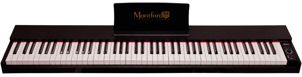 Digital piano with a black finish and Montford branding.