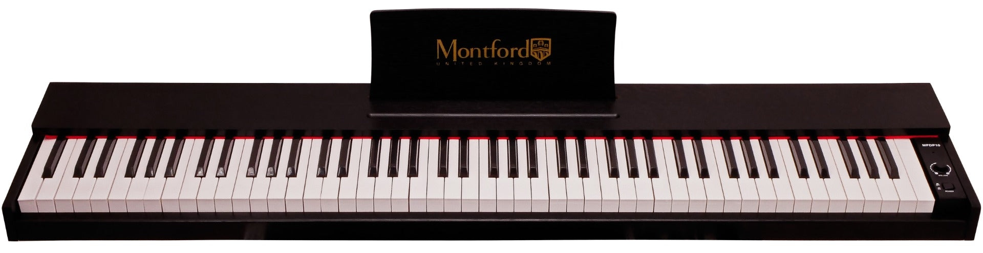 Digital piano with a black finish and Montford branding.