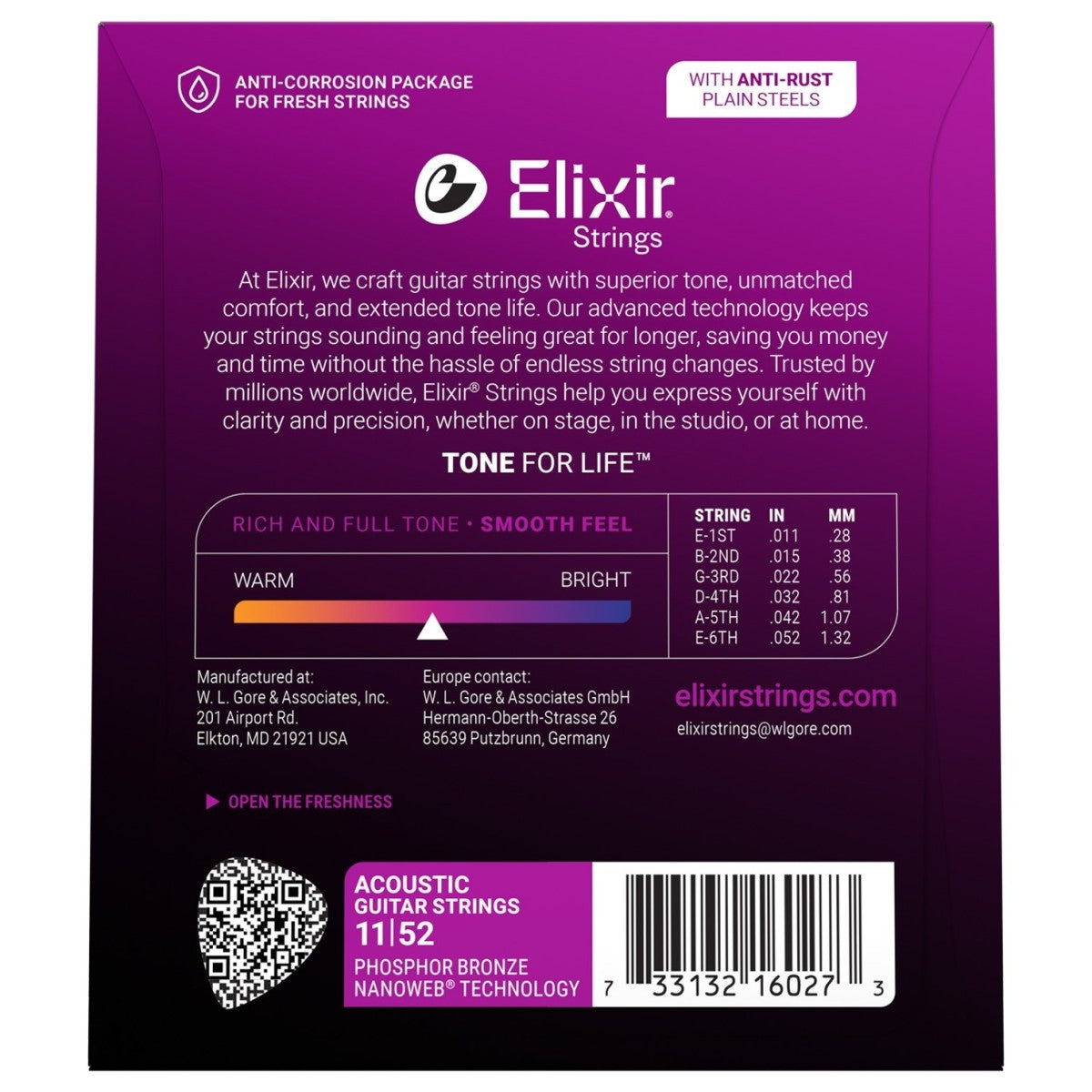 Elixir 16027 Nanoweb Coated Phosphor Bronze Acoustic Guitar Strings 11-52